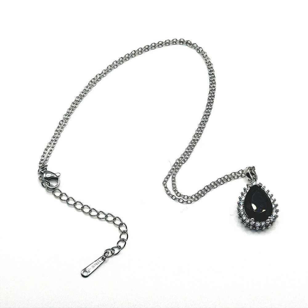 Black Teardrop Necklace Made with Swarovski Crystal Stainless Steel 16-18" New